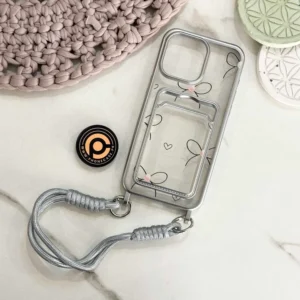 iPhone 16 Pro Max - Clear Electroplated Card Slot Case with Wrist Strap - Image 1